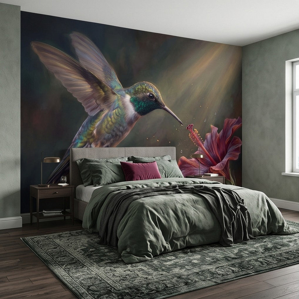 Tropical wall mural of a hummingbird hovering with red hibiscus flowers