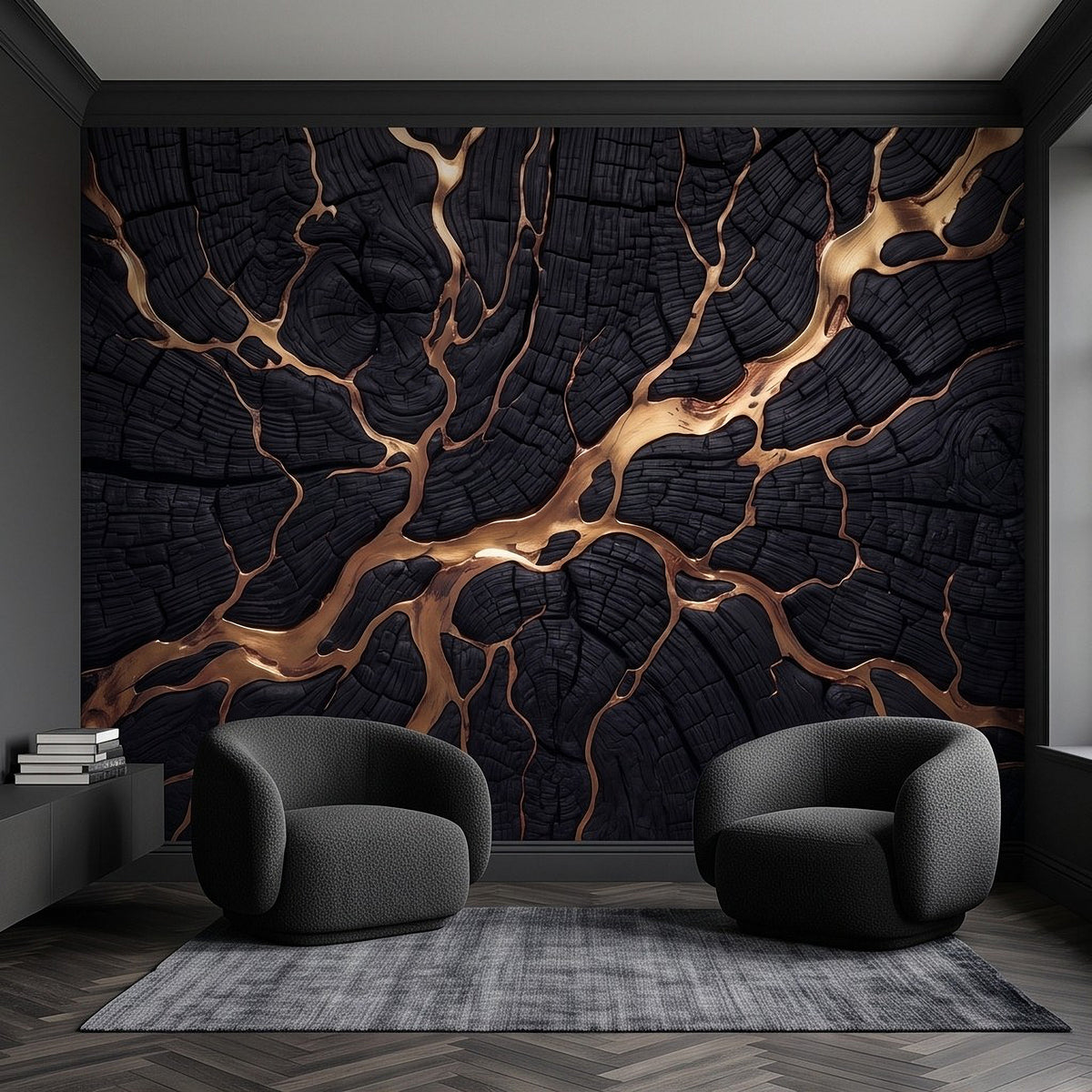 Black charred wood wall mural with gold kintsugi crack veins behind dark sofa