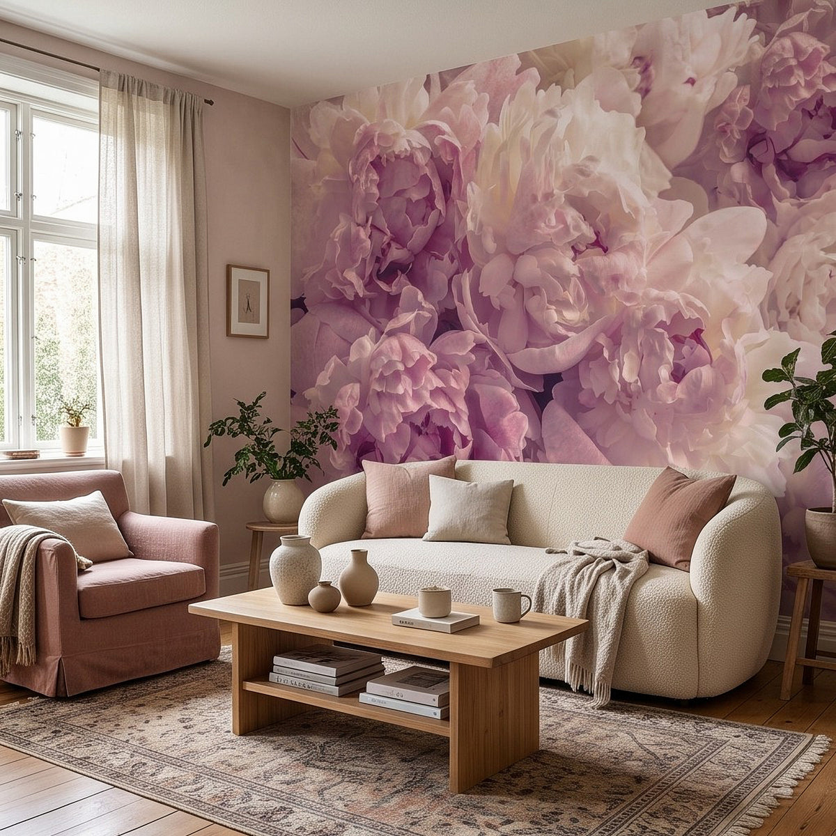 Peony blossom wall mural with vivid pastel clusters across the feature wall