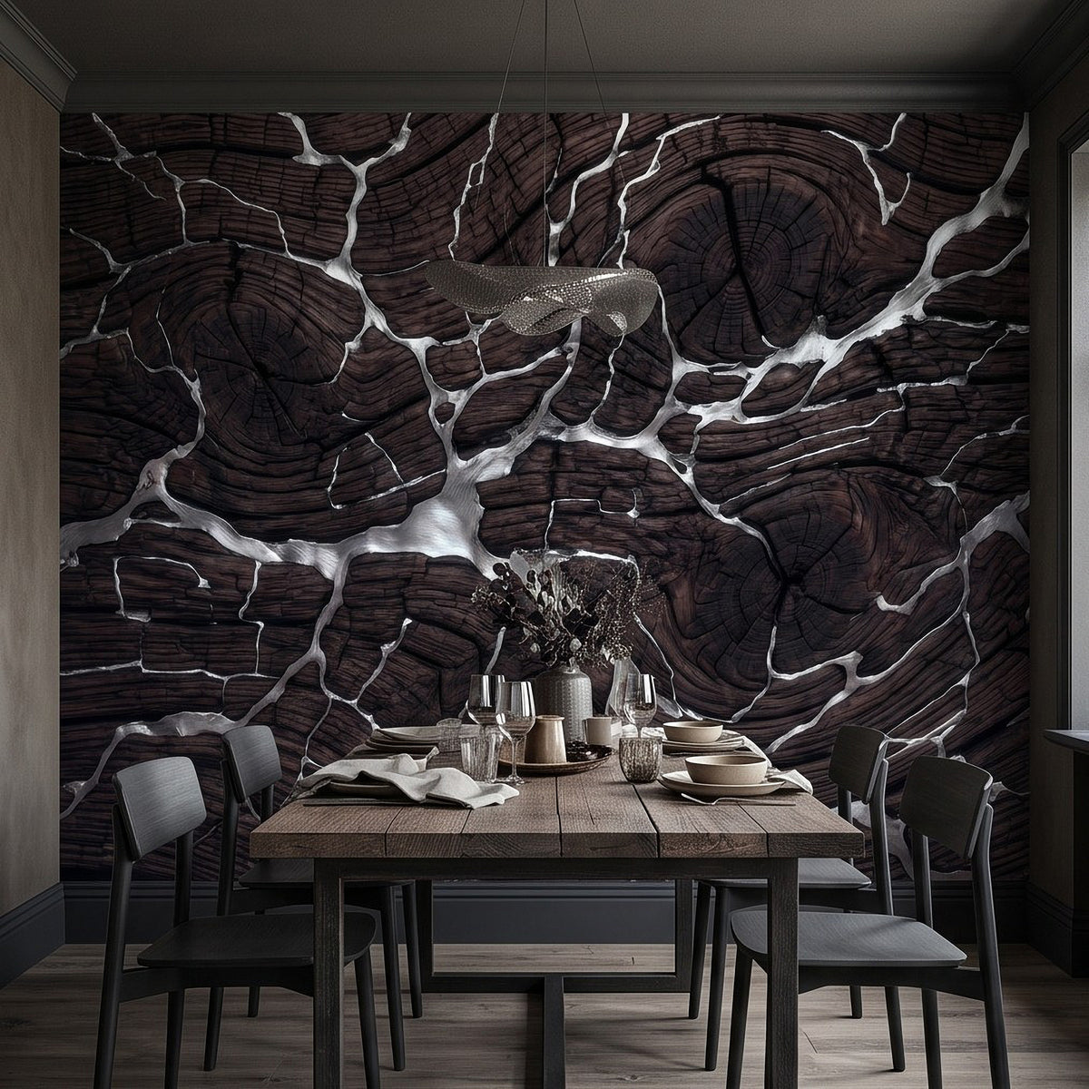 Large burnt wood wall mural with kintsugi silver veins and circular timber ring cracks
