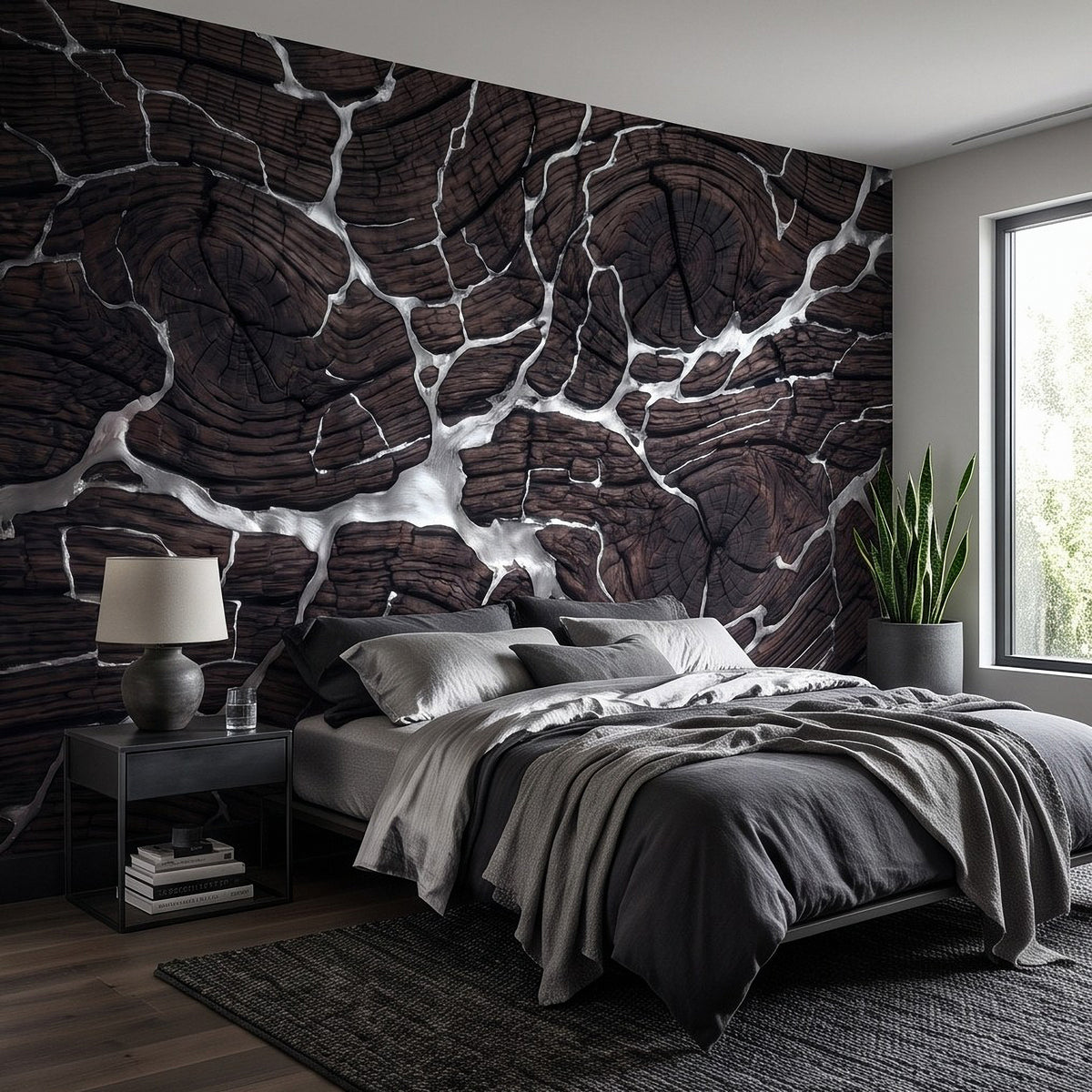Charred wood wall mural with cracked white-gold kintsugi lines and dark timber texture