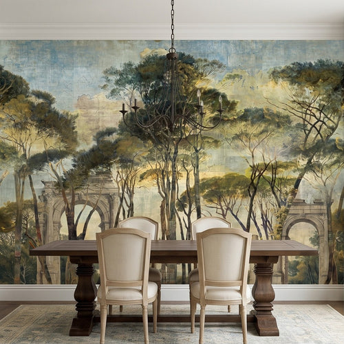 Landscape wall mural with classical archways, dense treetops, and antique details