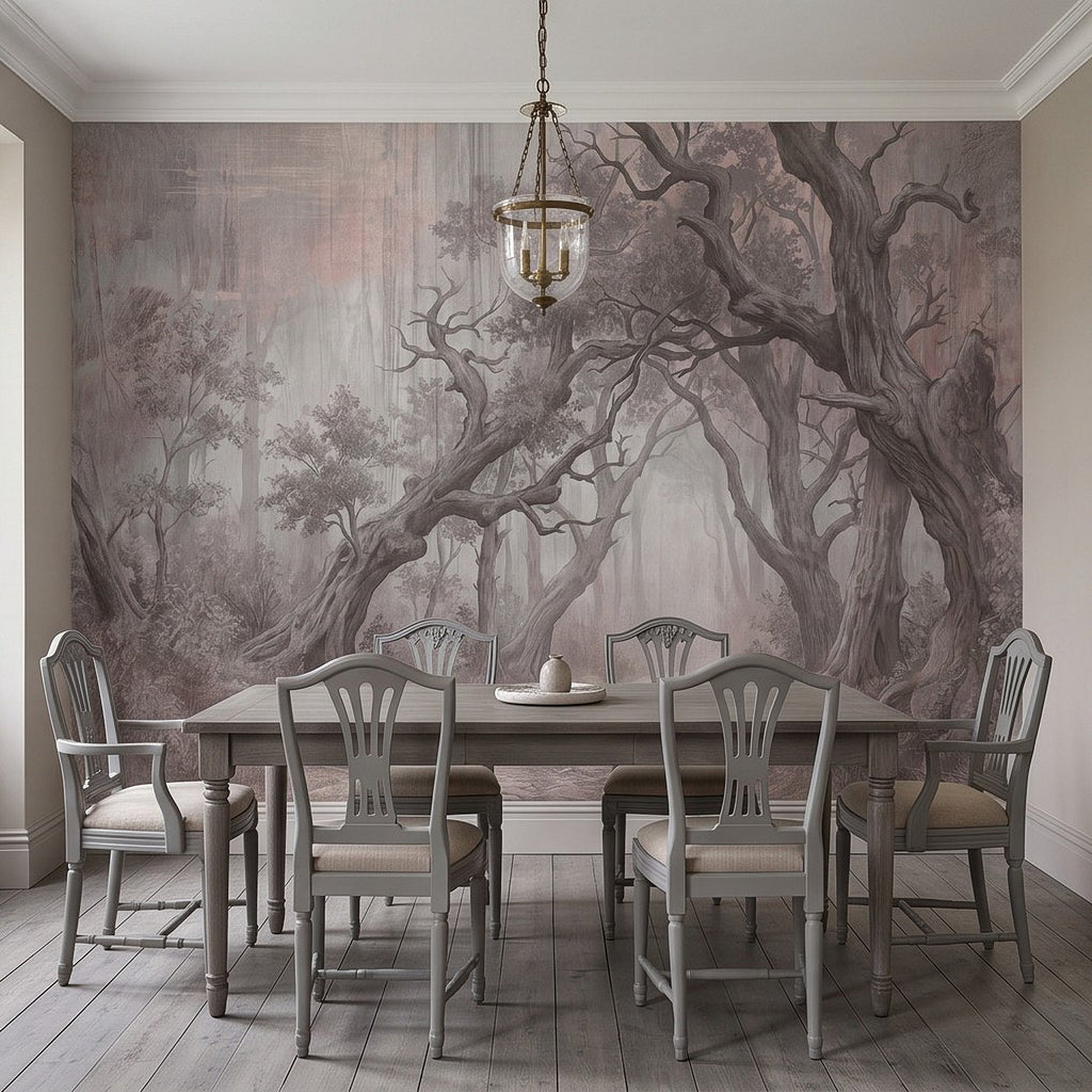 Vintage woodland wall mural with broad twisted tree trunks and a misty forest background