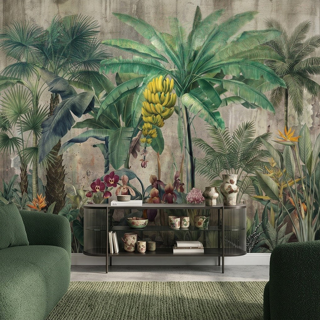 Wide tropical botanical wall mural with layered palm leaves and yellow banana bunches