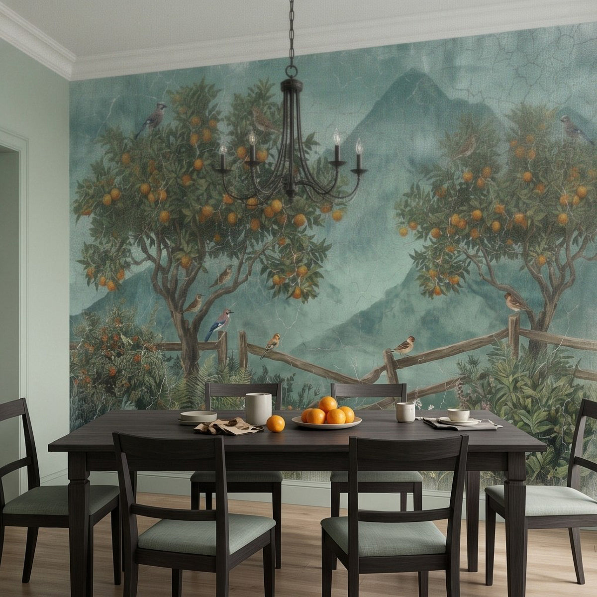 Orange tree botanical wall mural with birds and mountain scene in dining room