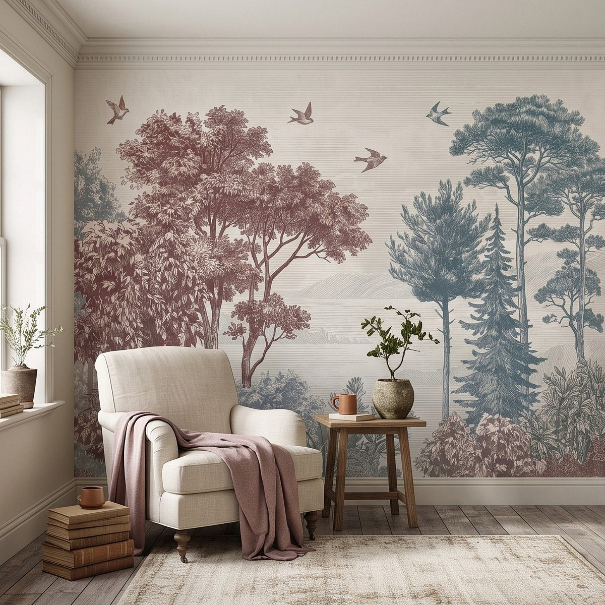 Botanical forest wall mural with pink and blue trees and flying birds