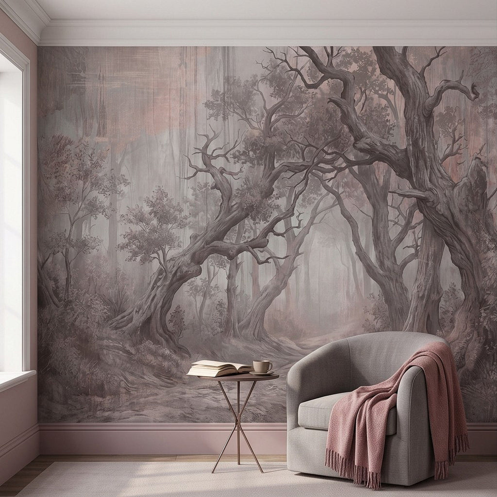 Misty vintage woodland wall mural with twisted ancient trees and soft foggy layers