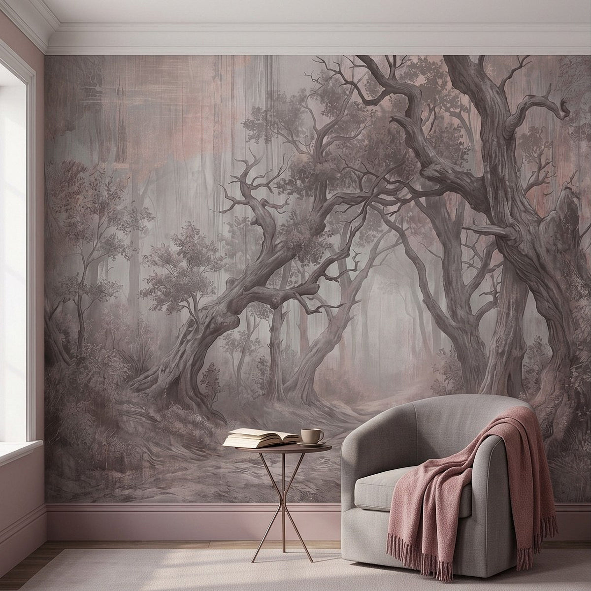 Misty vintage woodland wall mural with twisted ancient trees and soft foggy layers