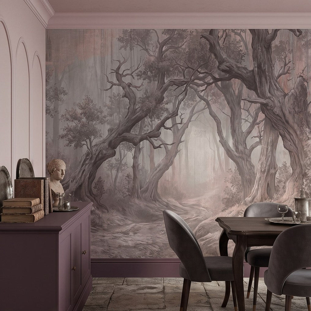 Woodland wall mural with faded mist and ancient trees over a dining nook