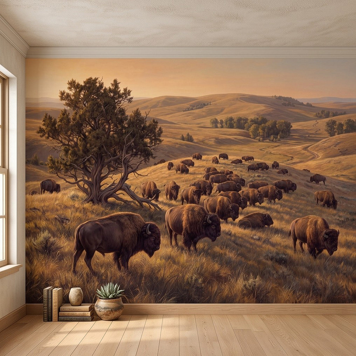 Buffalo prairie landscape wall mural with herd grazing across rolling grass hills
