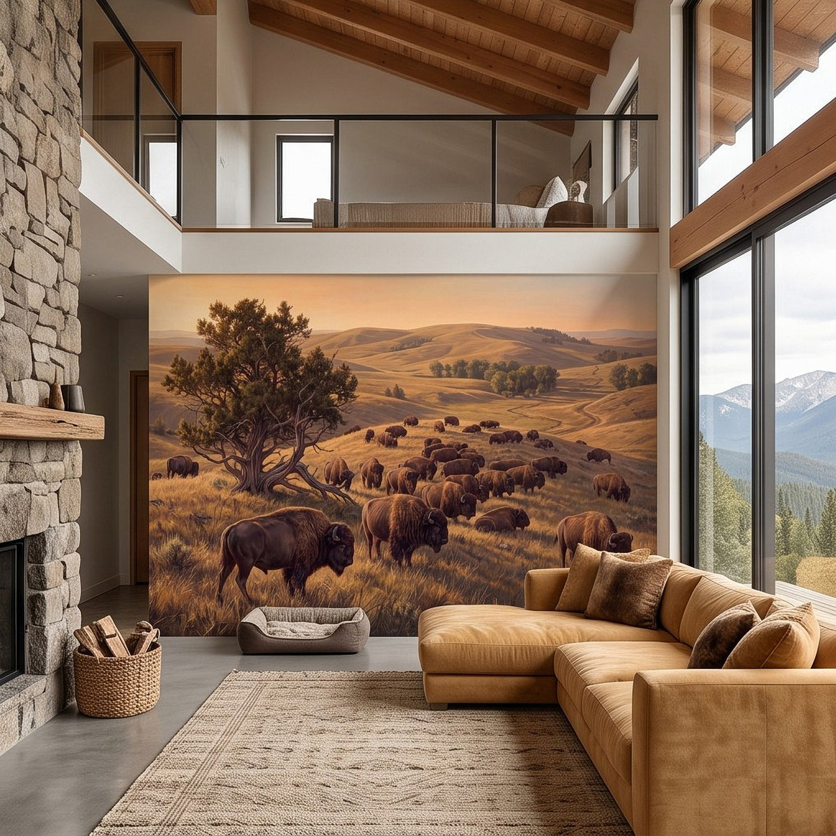 Buffalo herd prairie wall mural spanning rolling plains and buffalo herd