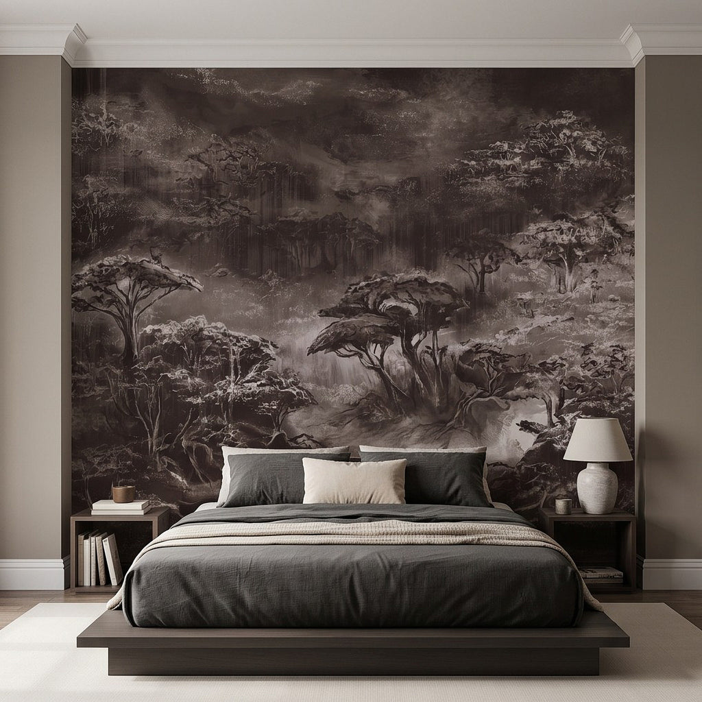 Woodland wall mural with misty dark trees and vintage landscape painting backdrop
