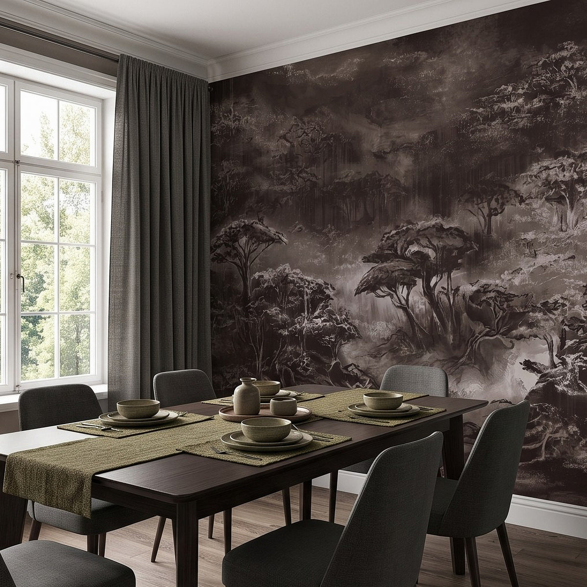 Woodland landscape wall mural with misty treescape and vintage forest