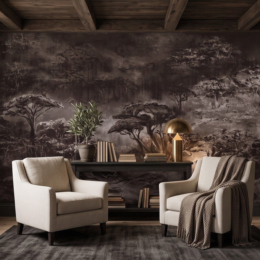Woodland landscape wall mural with misty trees behind seating area