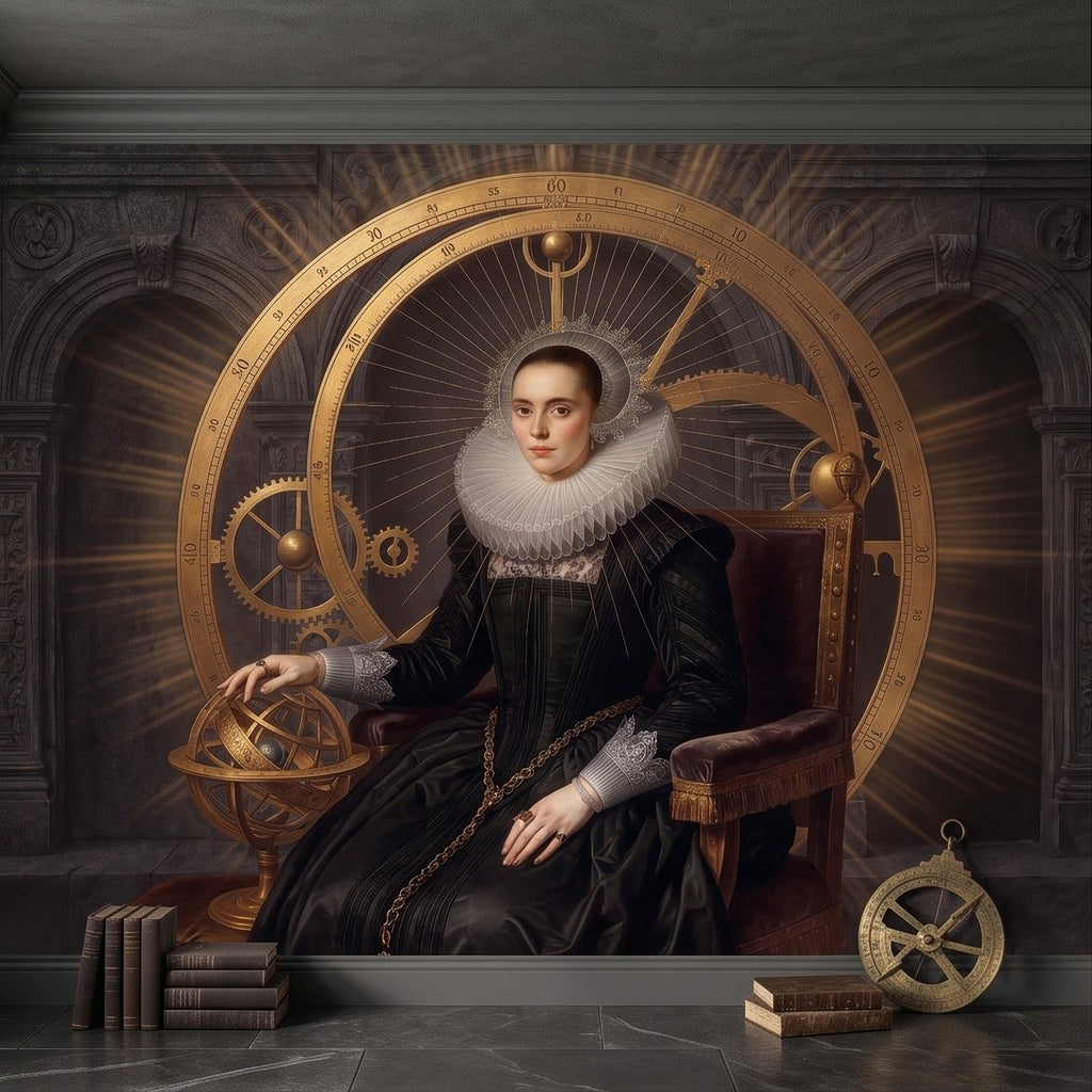 Antique wall mural of regal woman in dark dress with white ruffled collar, holding a globe