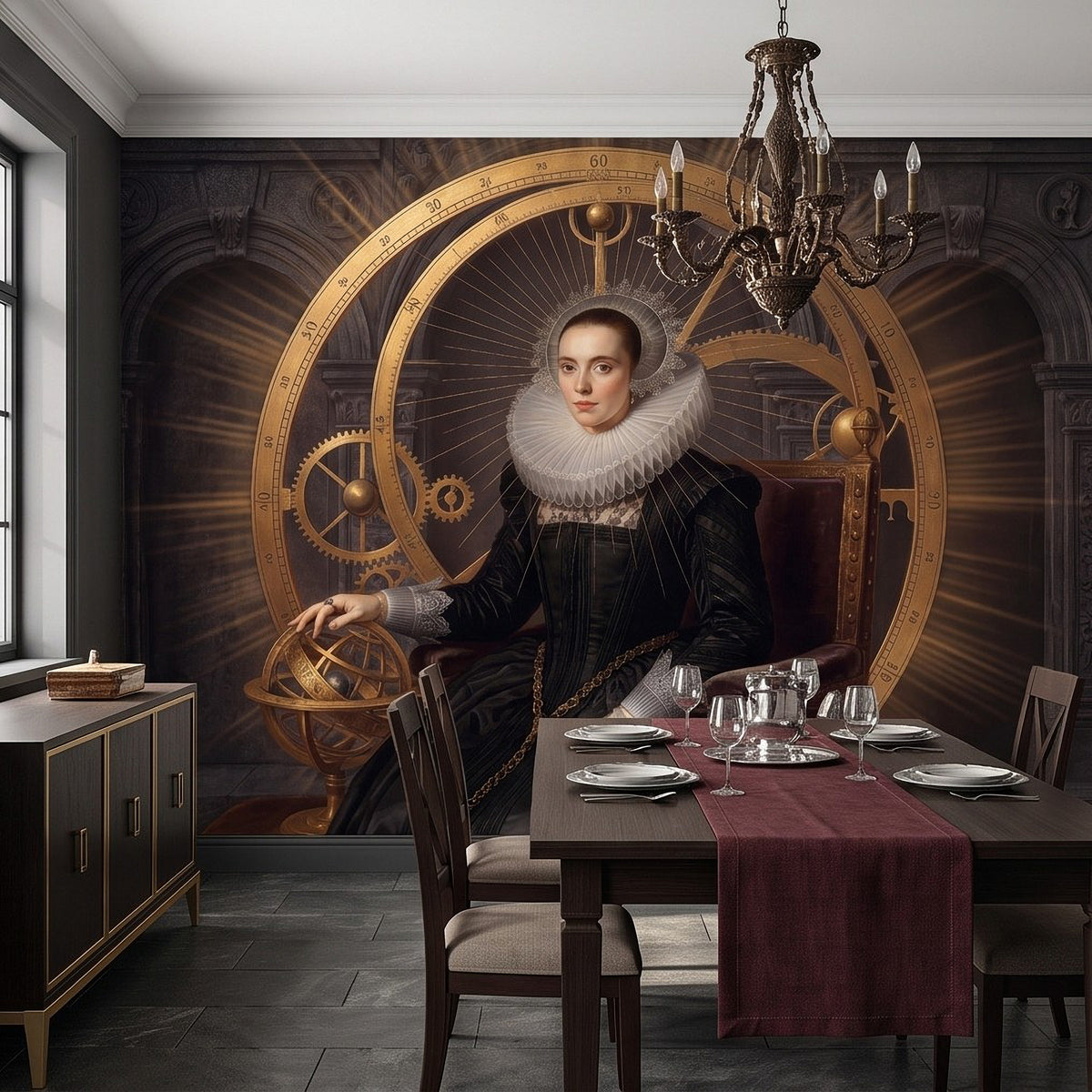 Steampunk wall mural featuring regal woman in dark dress with white ruffled collar beside zodiac