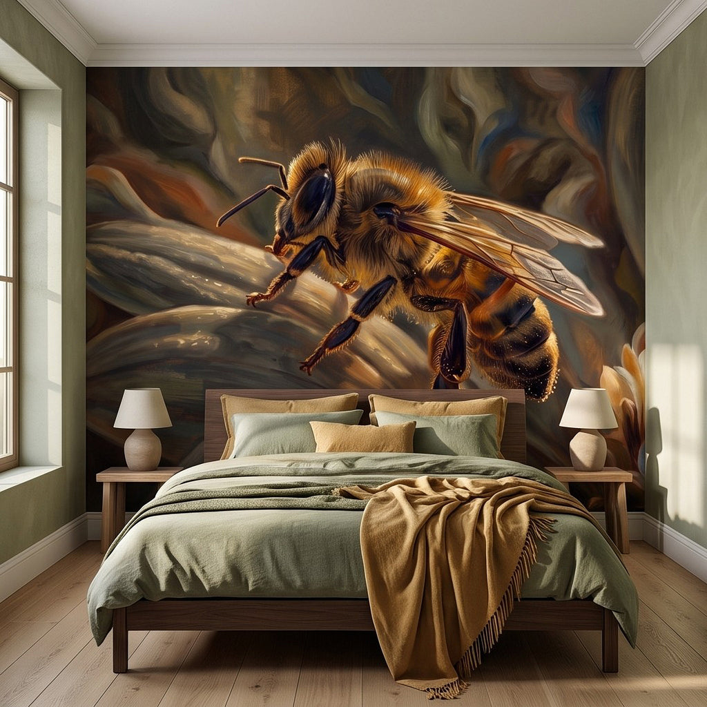 Large honey bee mural painting with spread wings and dramatic botanical swirls.