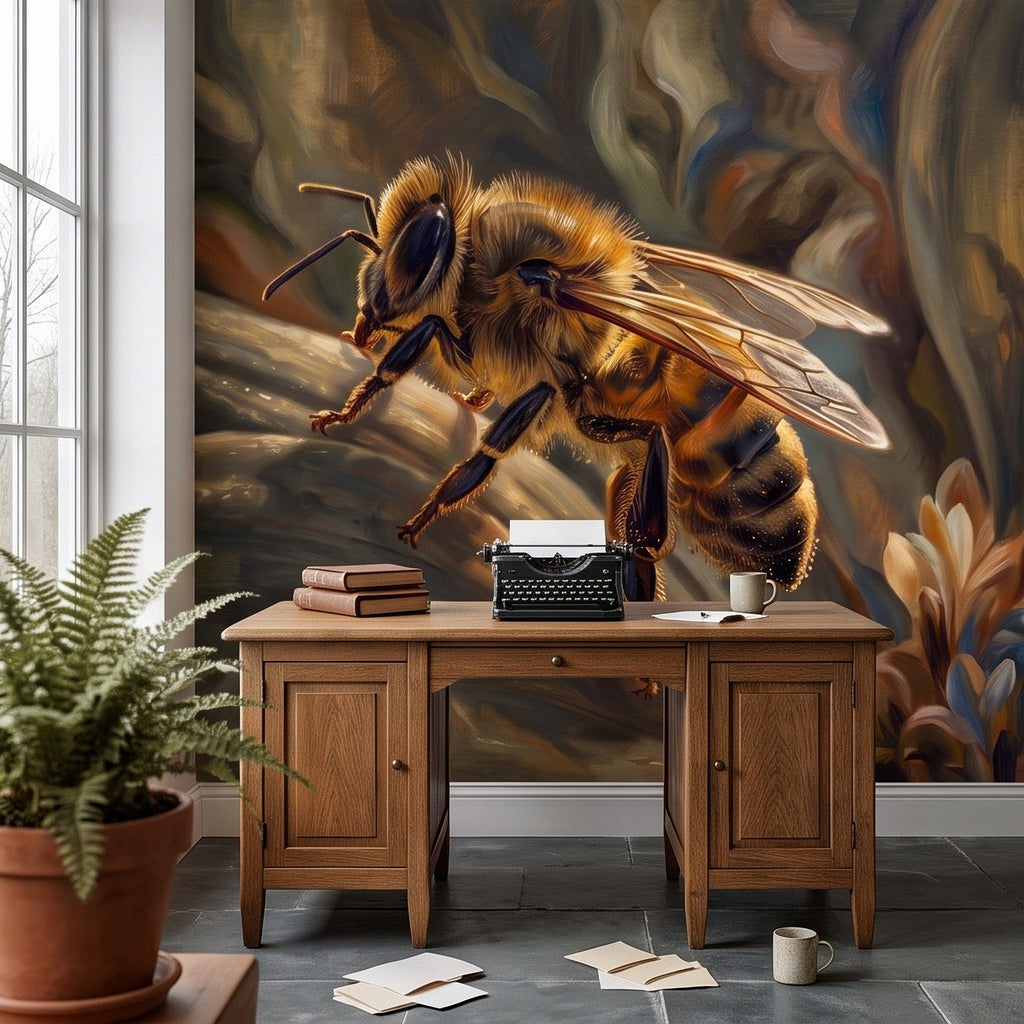 Large honey bee mural painting, bee hovering above warm earth-toned botanicals.