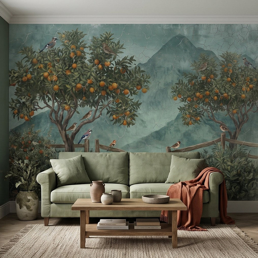 Orange grove wall mural with birds and orange fruit trees over sofa and coffee table