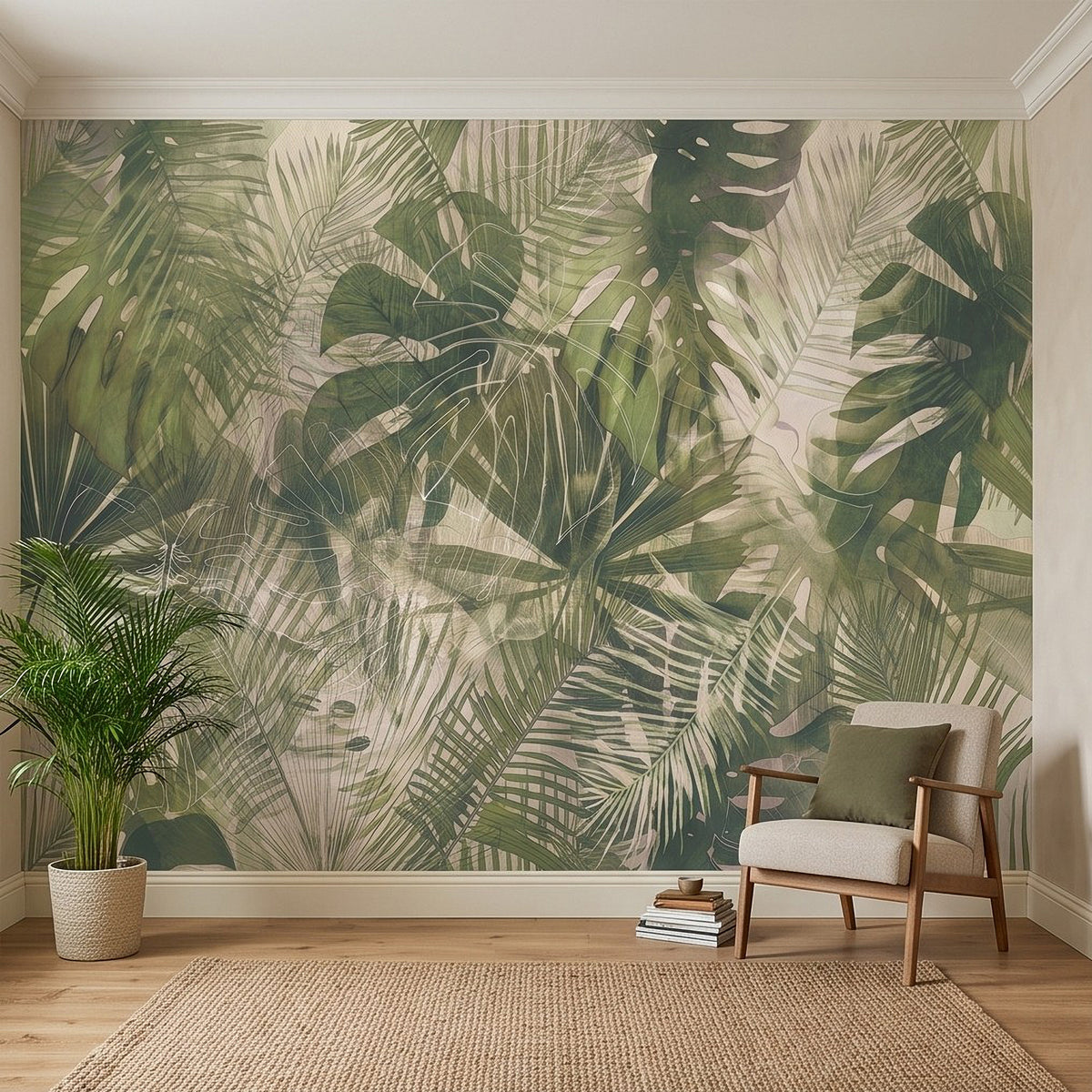 Botanical jungle leaf wall mural in sage and olive green with cream highlights