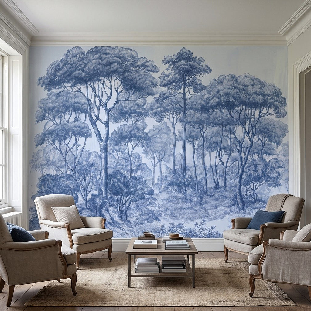 Blue woodland landscape wall mural behind a living room seating set and coffee table