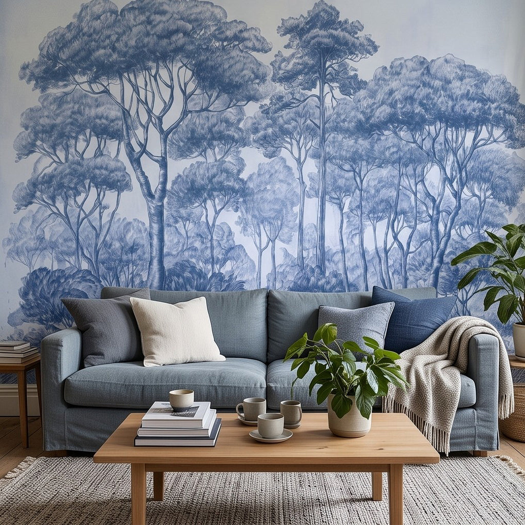 Indigo tree landscape wall mural behind sofa, detailed botanical toile trees