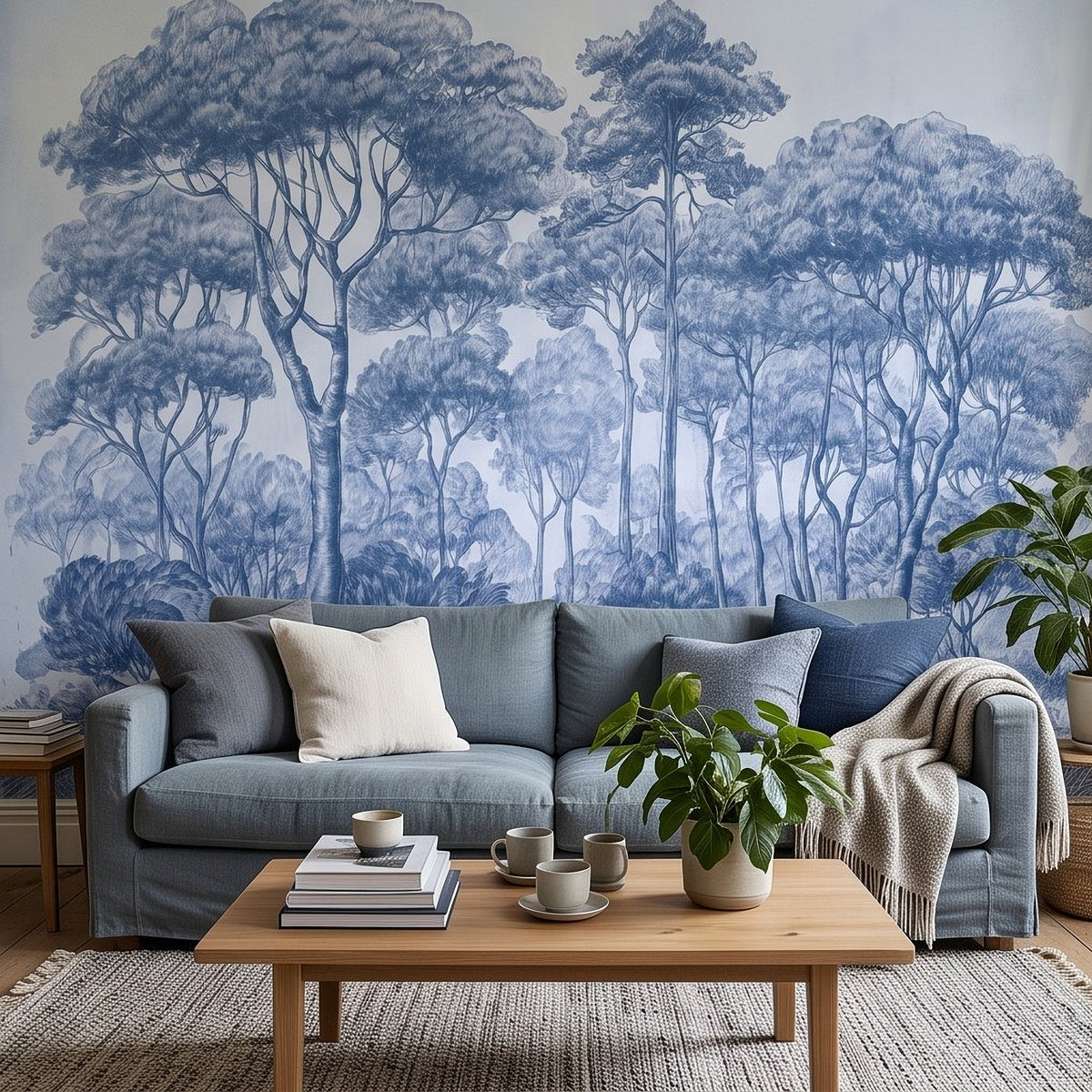 Indigo tree landscape wall mural behind sofa, detailed botanical toile trees