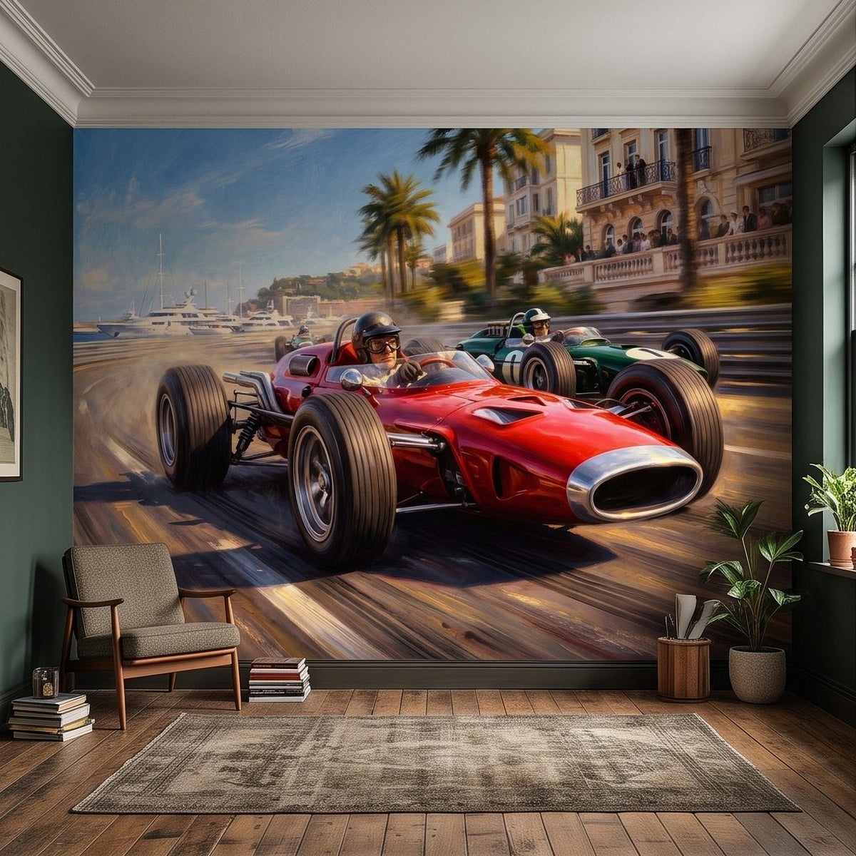 Wall mural featuring red vintage race car with green competitor on coastal street
