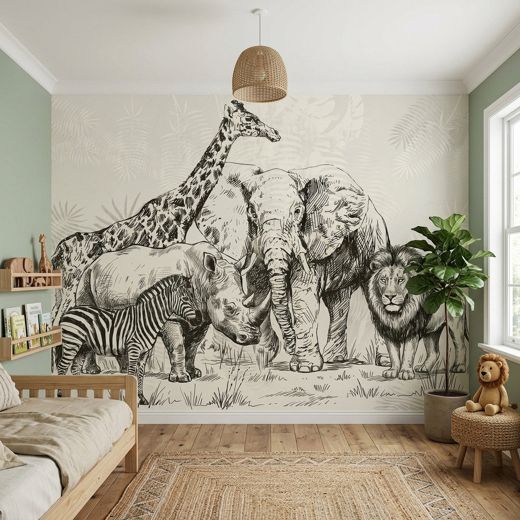 Beige safari wildlife wall mural with lion and elephant near giraffe, zebra, and rhino.