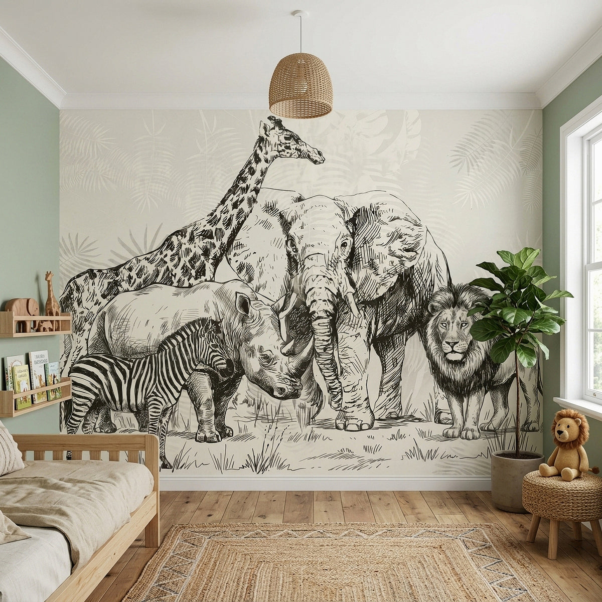 Beige safari wildlife wall mural with lion and elephant near giraffe, zebra, and rhino.