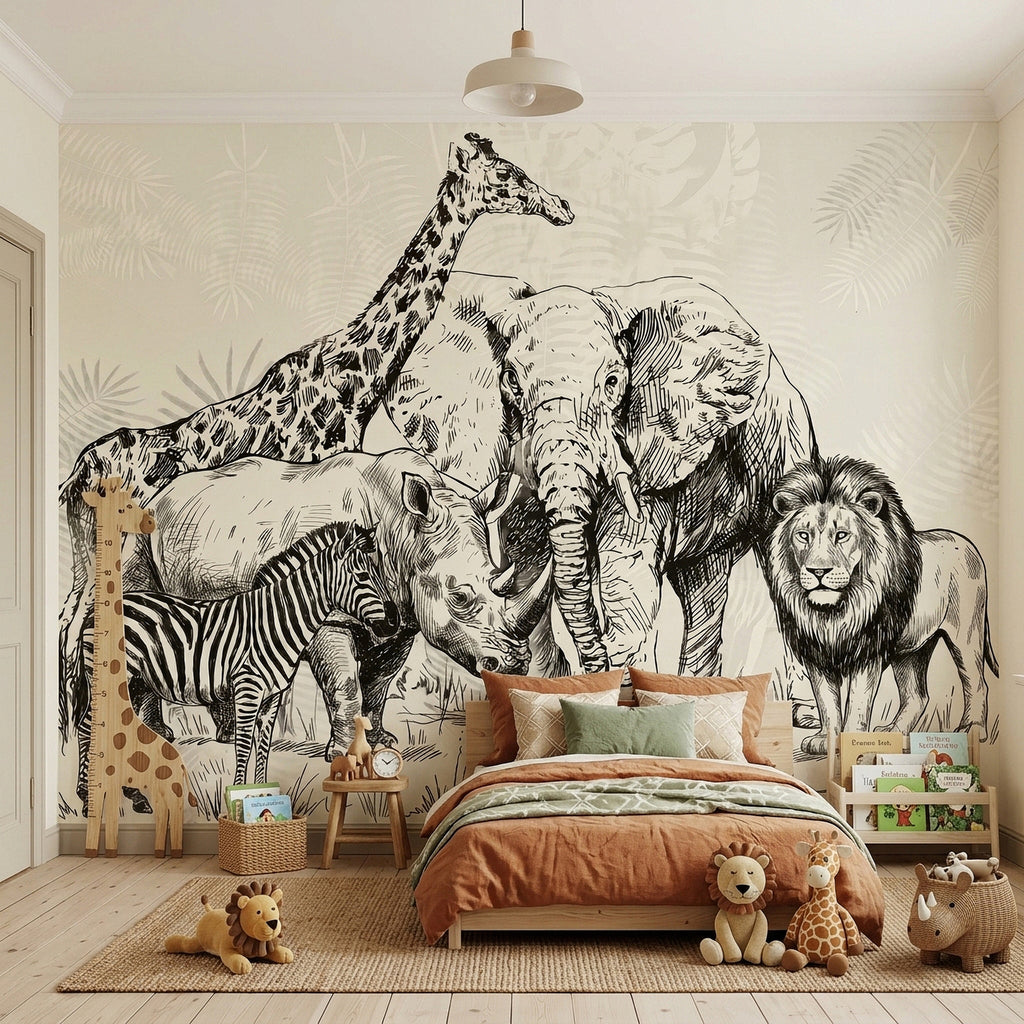 Safari wall mural with engraved animals: elephant, lion, giraffe, zebra, and rhino