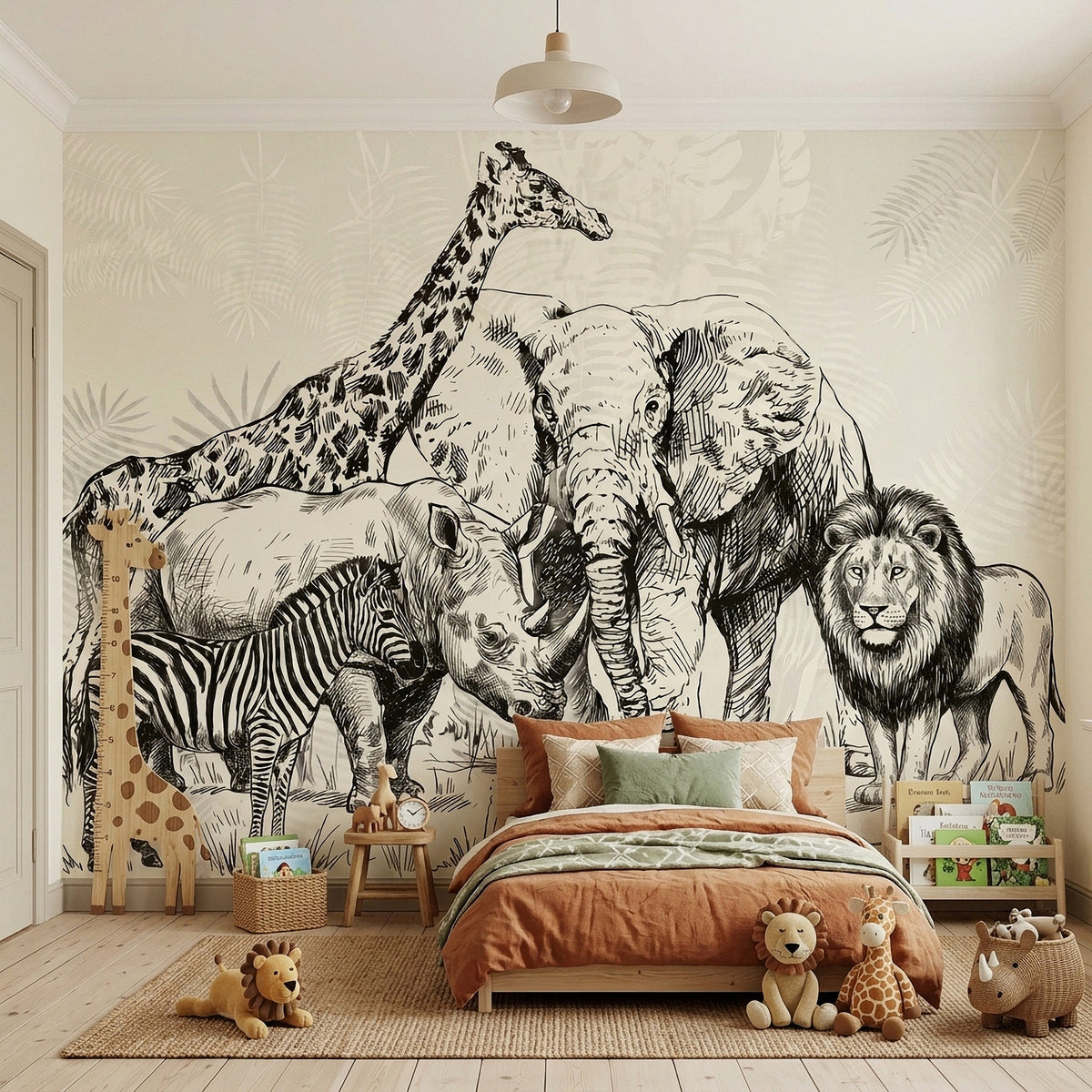 Safari wall mural with engraved animals: elephant, lion, giraffe, zebra, and rhino