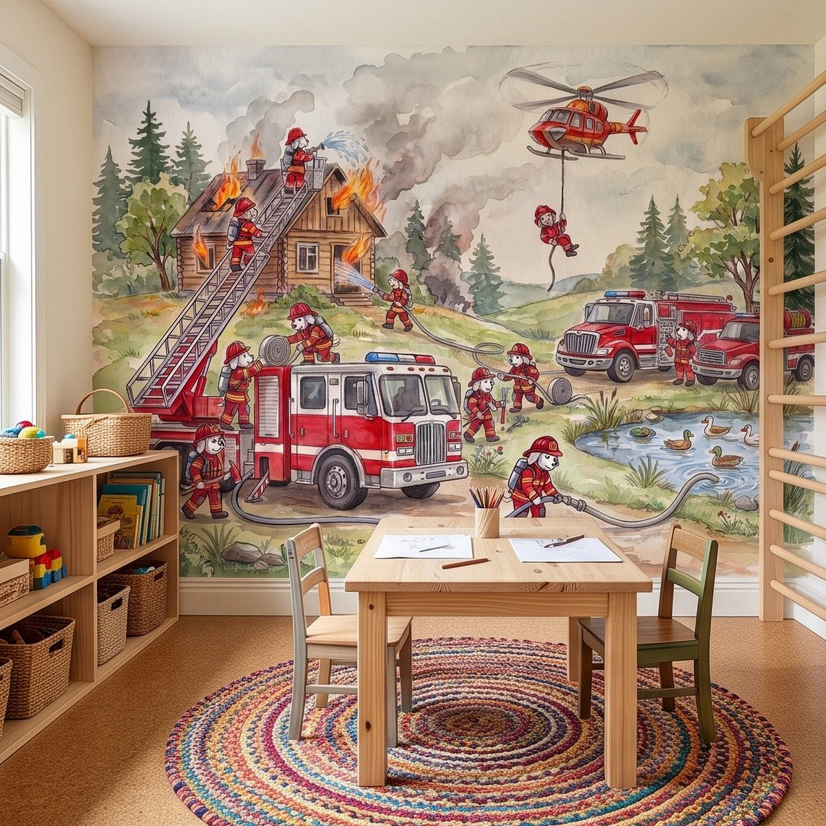 Firefighter wall mural with red fire engine, rescue helicopter, firefighters, burning house scene