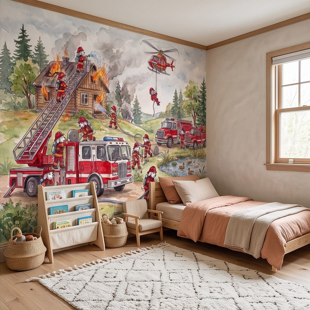 Firefighter rescue wall mural with red fire truck, ladder, and rescue action scene