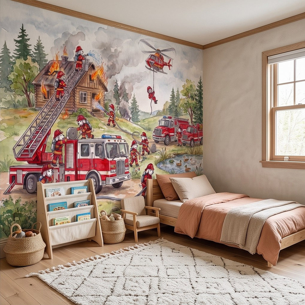 Firefighter rescue wall mural with red fire truck, ladder, and rescue action scene