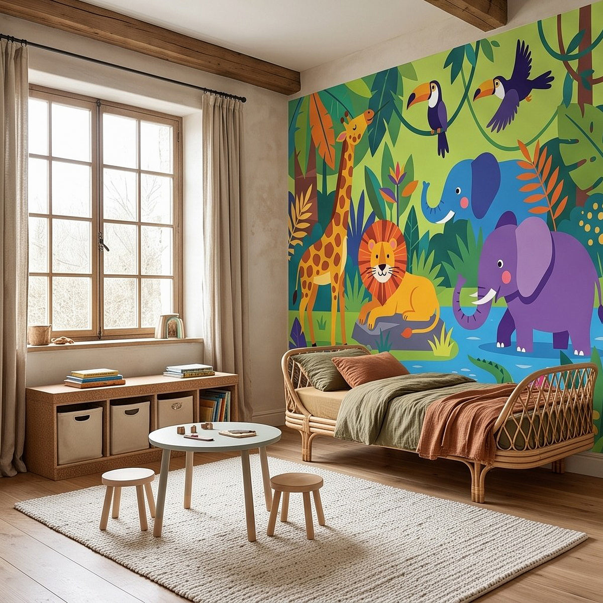 Jungle safari wall mural with elephant and lion plus toucan and giraffe in foliage