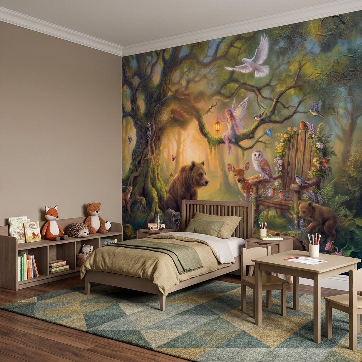 Forest animals wall mural with bear, birds, and rabbits above a bed and rug