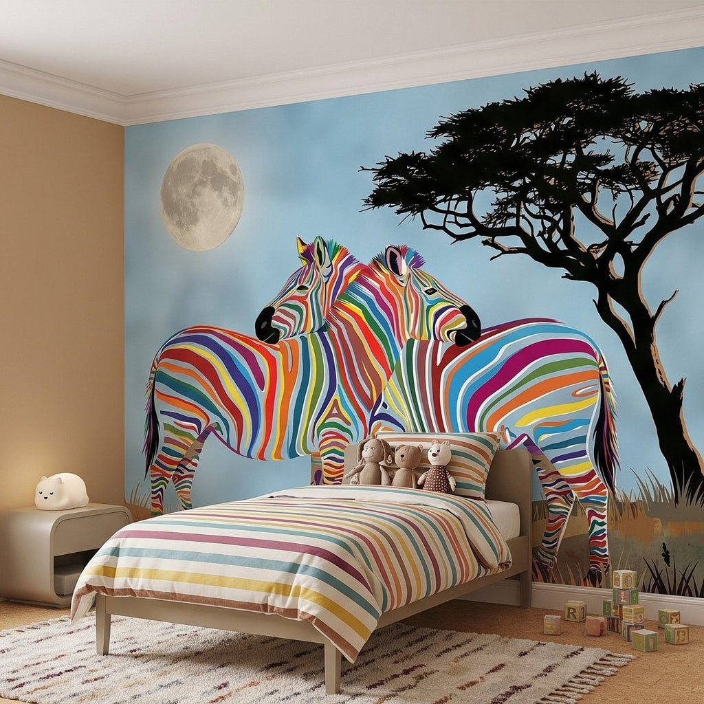 Rainbow zebra wall mural with full moon and tall acacia tree beside striped zebras