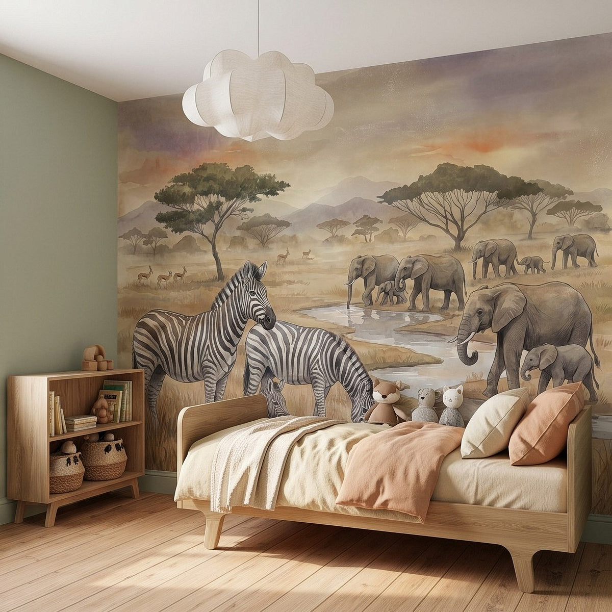 Safari animal wall mural with zebras and elephants across a watercolor savanna
