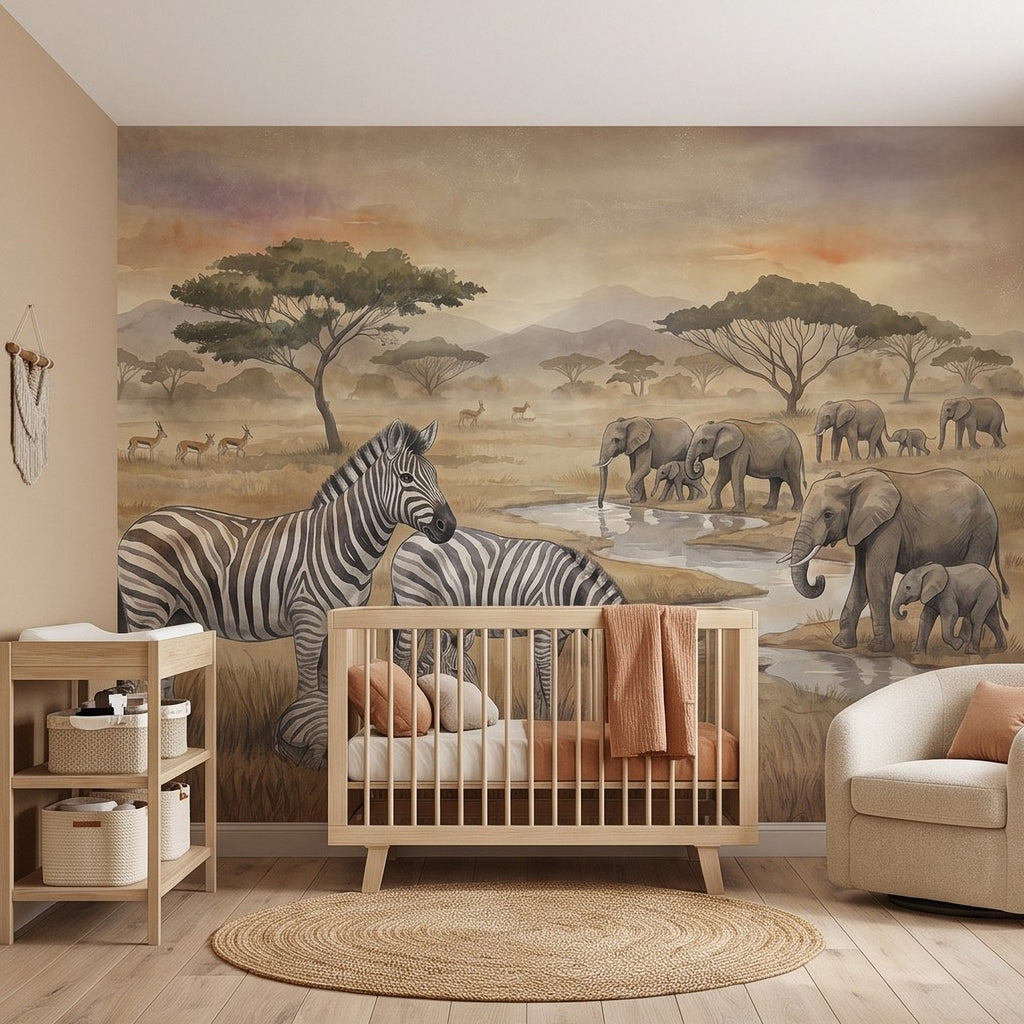 Safari wall mural with zebra and elephant herd in a watercolor savanna panorama