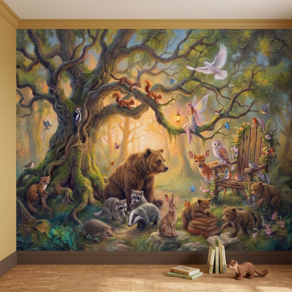 Whimsical woodland animal wall mural with bear and birds, decorated books on the floor