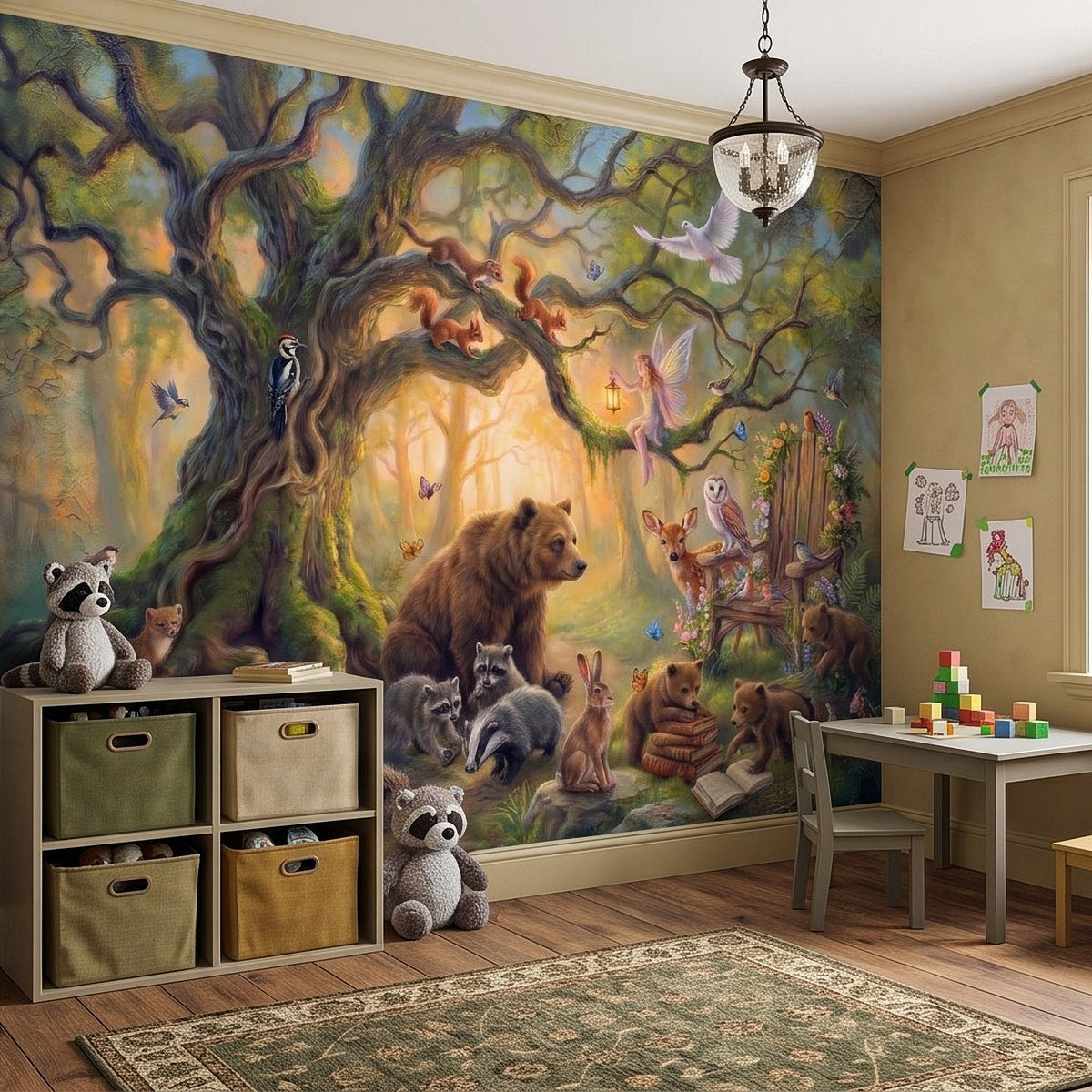 Woodland animal wall mural featuring bear, raccoon, rabbits, and flying birds above furniture