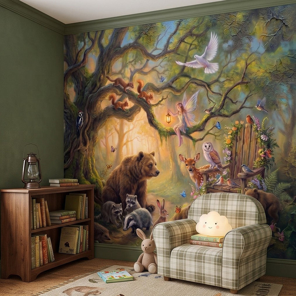 Woodland animal fairy wall mural featuring bear, small animals, and a white dove
