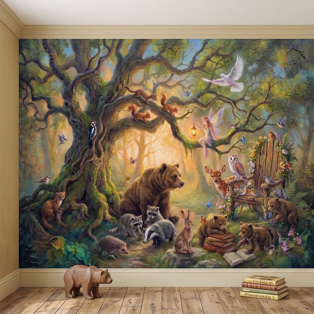 Forest animal wall mural with bear, deer, and birds framed by indoor room walls