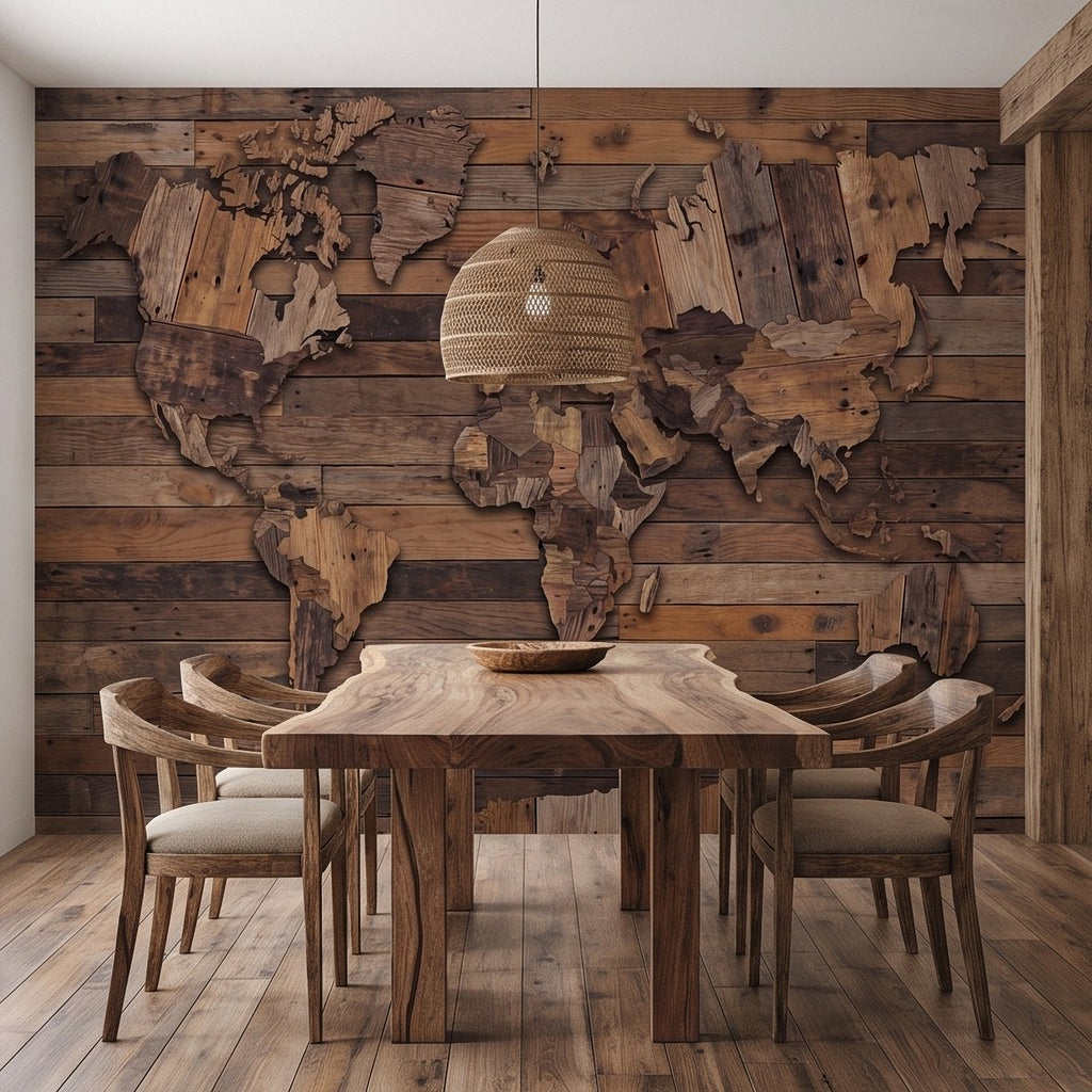 Wood world map wall mural on wood planks behind dining table and chairs