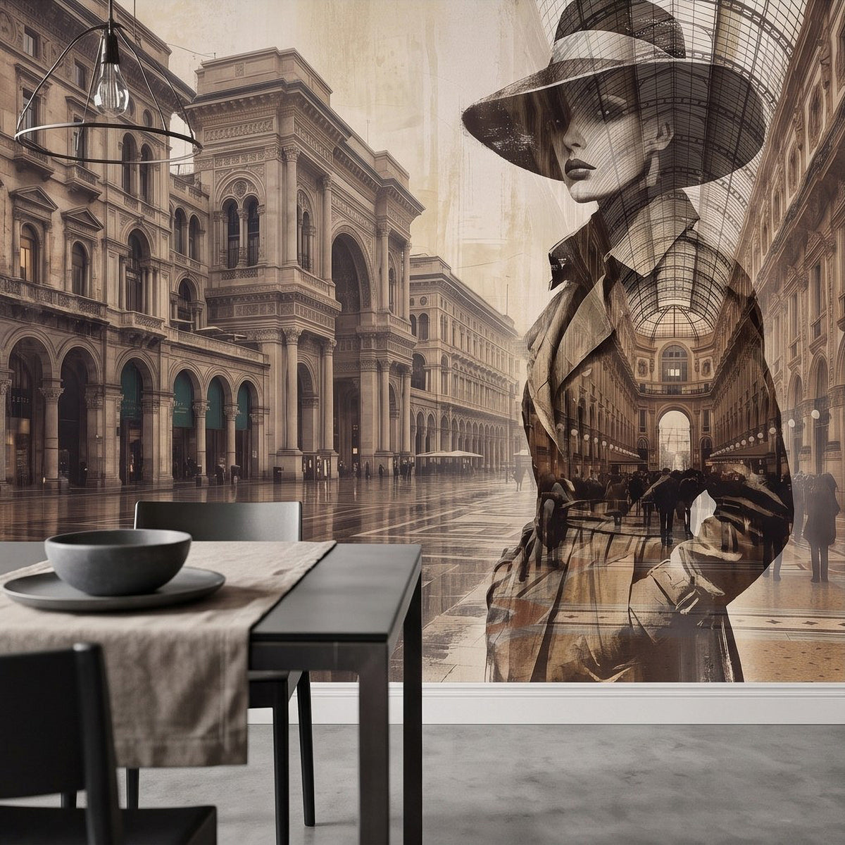 City wall mural close-up: woman in wide hat with sepia arches and street