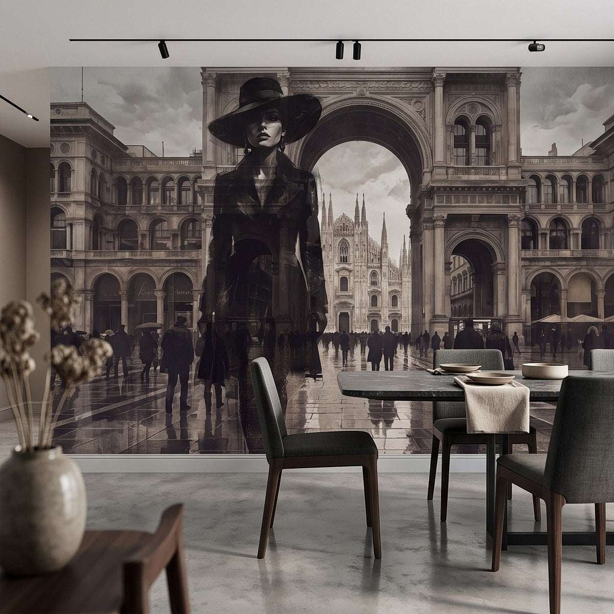 Wall mural with a vintage woman in a wide-brim hat, cathedral arch, and walkway crowd