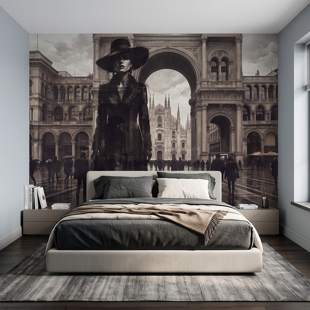 Black-and-white wall mural of a woman in a wide-brim hat framed by tall city arches.