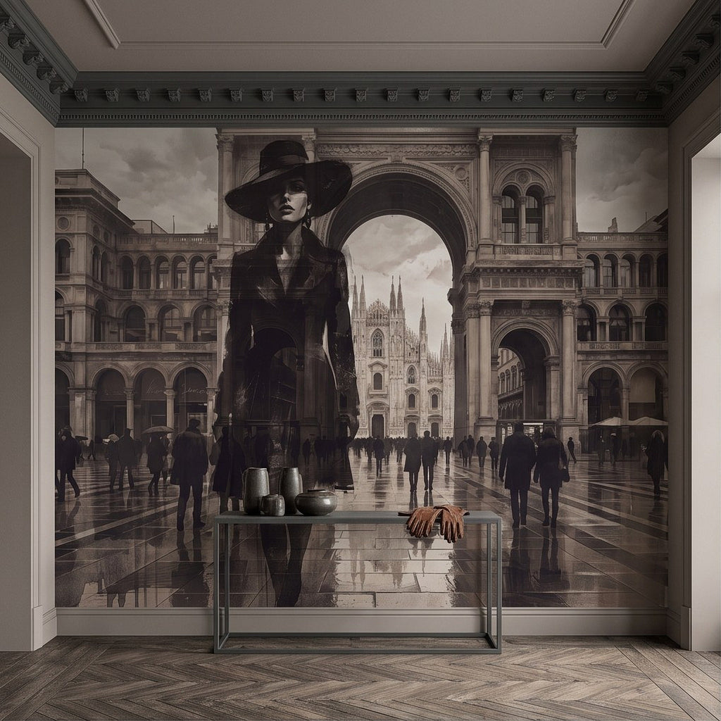 Wall mural featuring a vintage woman in a wide hat in front of a large arched gateway