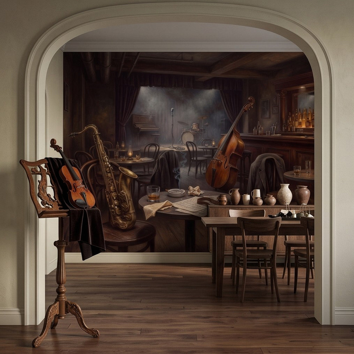 Wall mural featuring saxophone and double bass in a dark speakeasy-style room